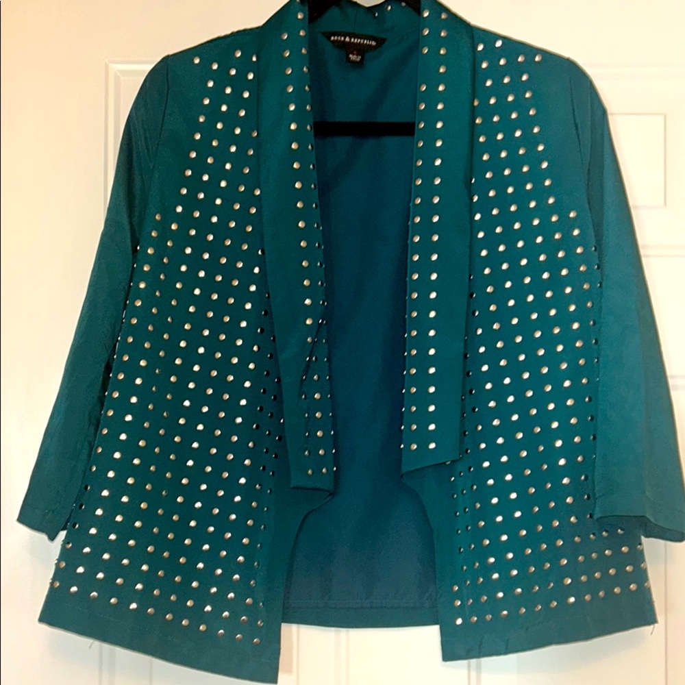 Rock & Republic Women's Open Studded Jacket 6 Teal Silver Studs Unconstructed